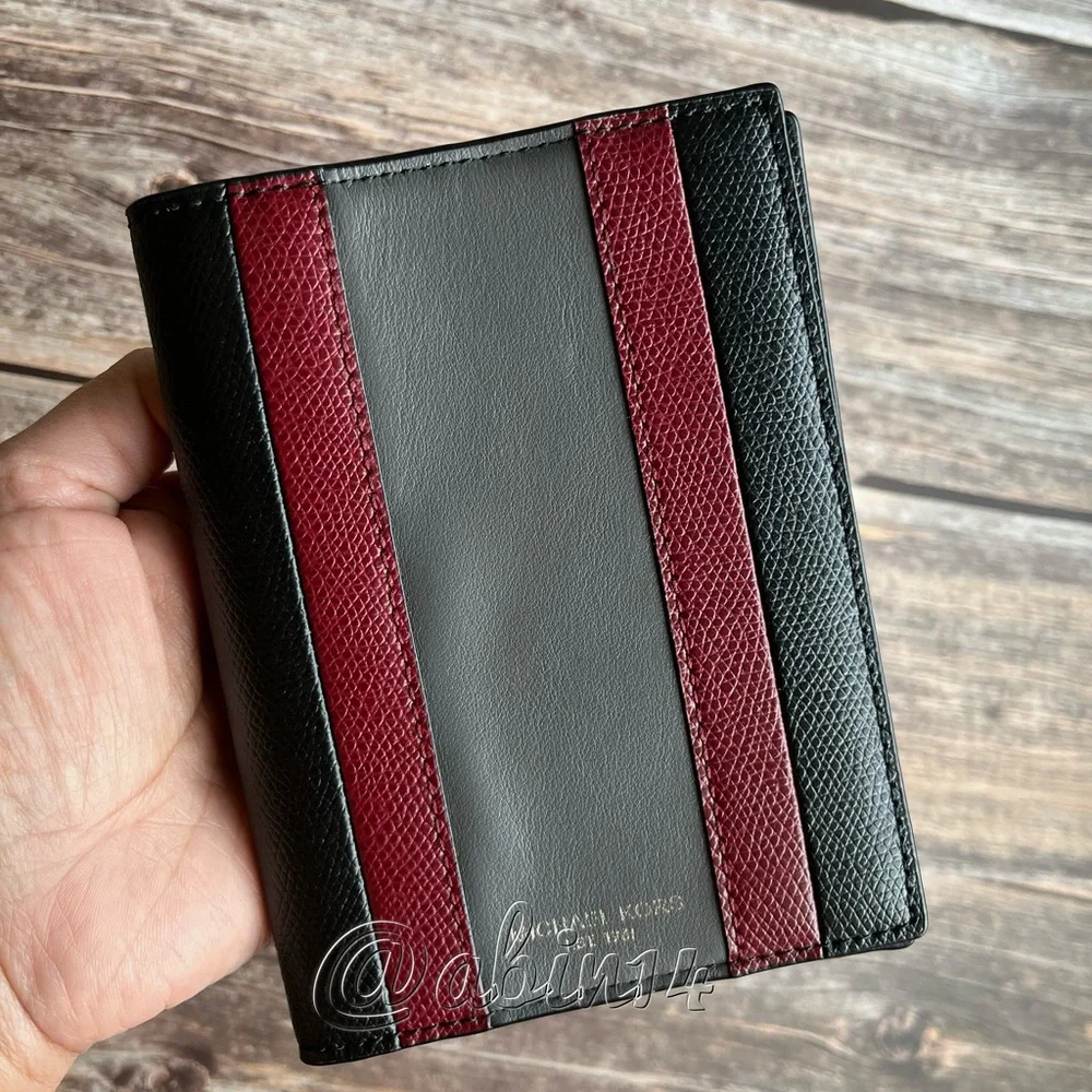 NWT Michael Kors Leather Passport Case Black Maroon Grey